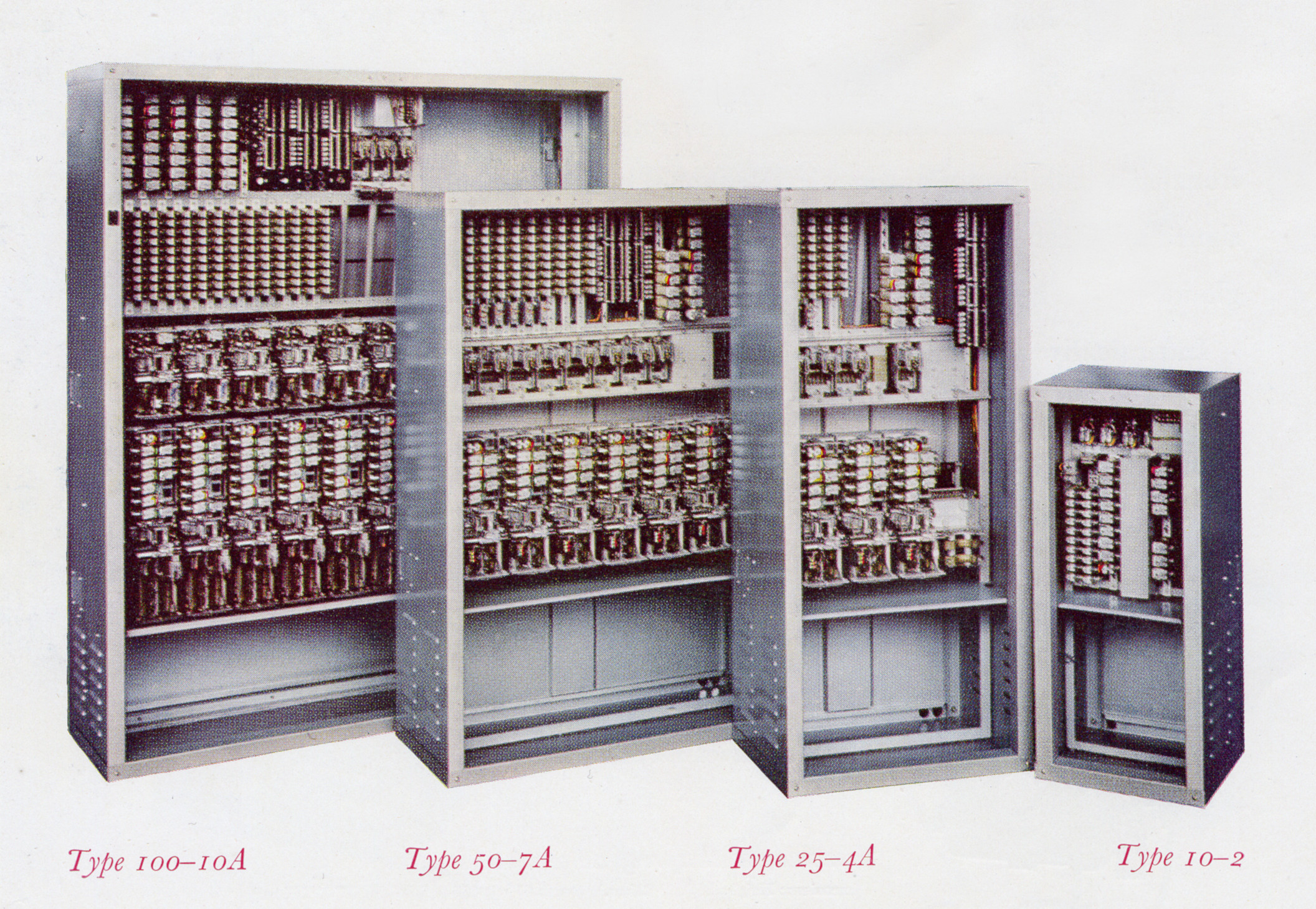 Catalogue image showing a selection of electromechanical exchange cabinets of various sizes